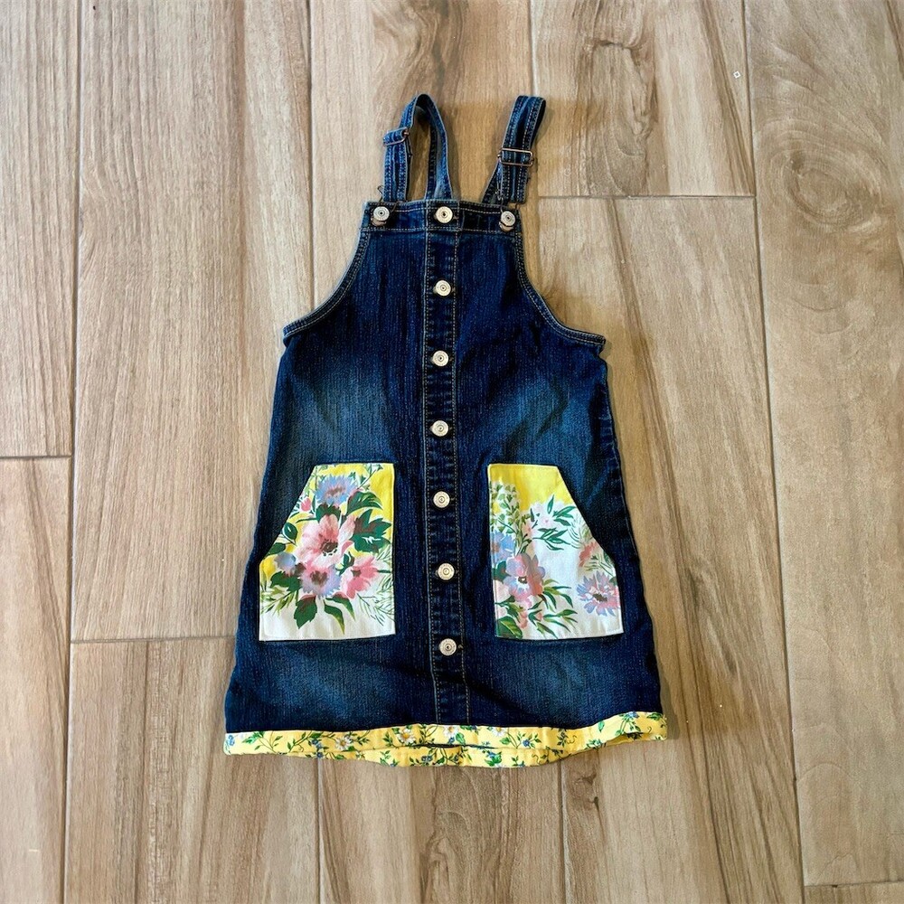 Jordache Girls Denim Overall Jumper Dress Blue Custom Patch Button Front Size